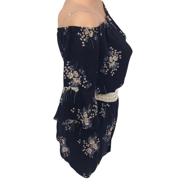 TRAC Navy Blue Floral Print Crochet Lace Cutout Romper One Piece SZ M - Picture 7 of 8